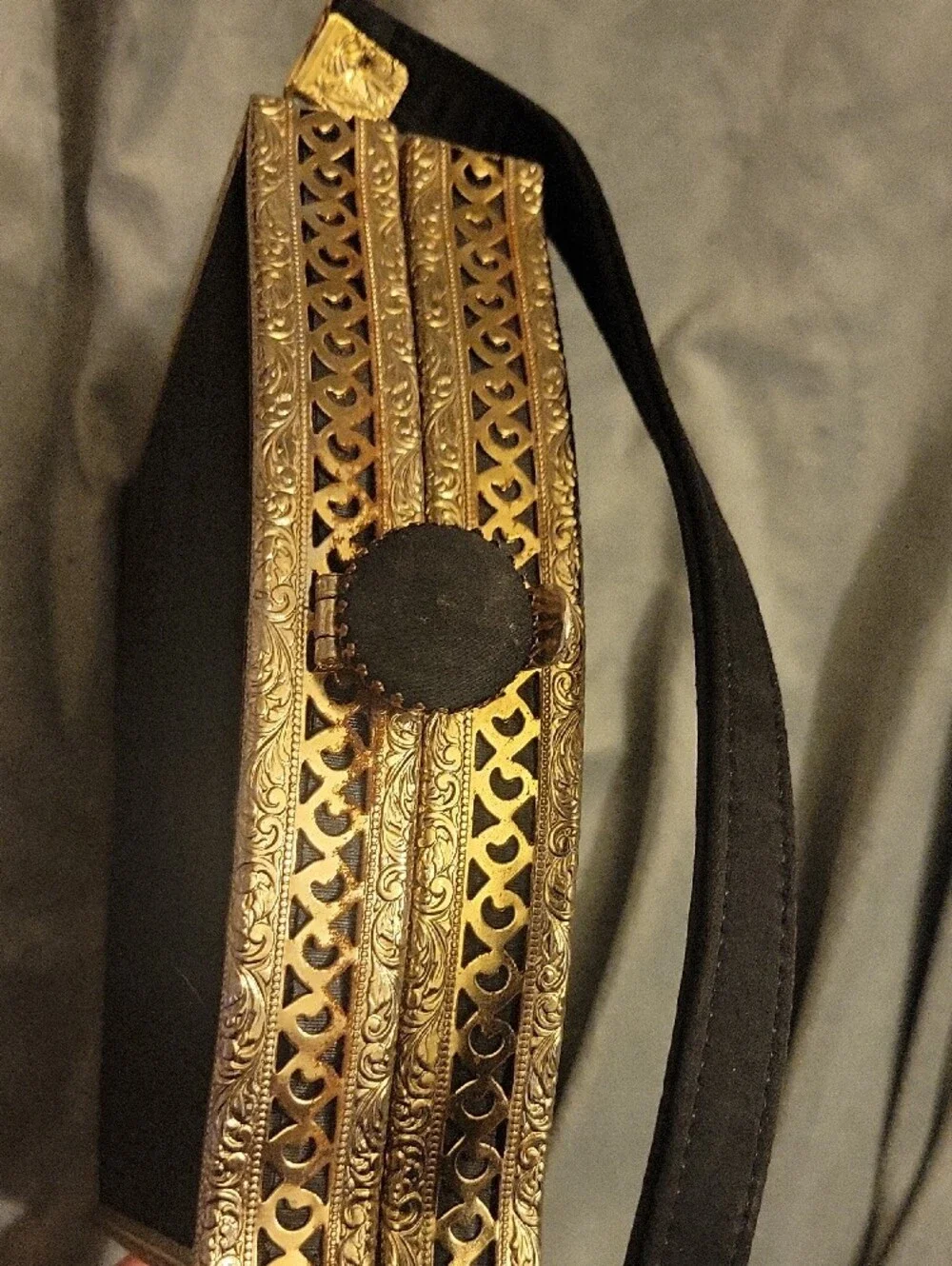 Vintage-Inspired Black Satin Handbag with Gold Trim